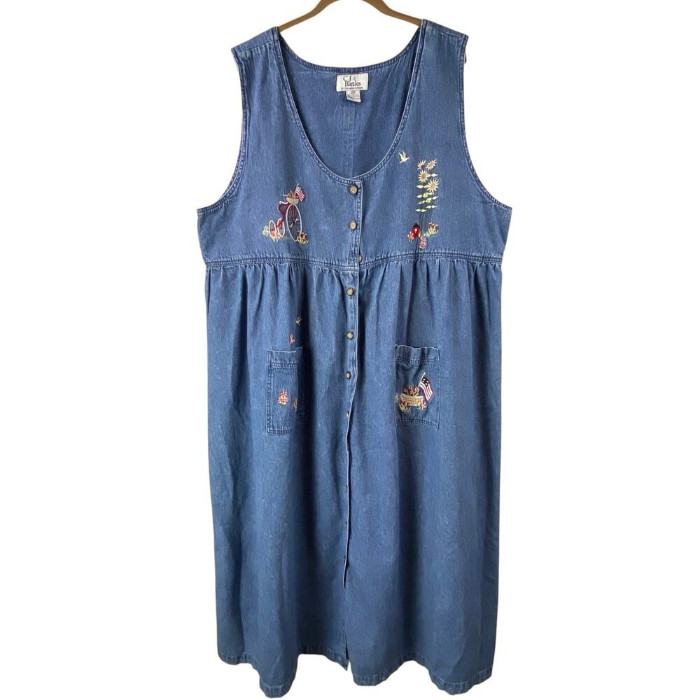 Vintage Denim Maxi Dress Size 22W Embroidered Country Cottage
